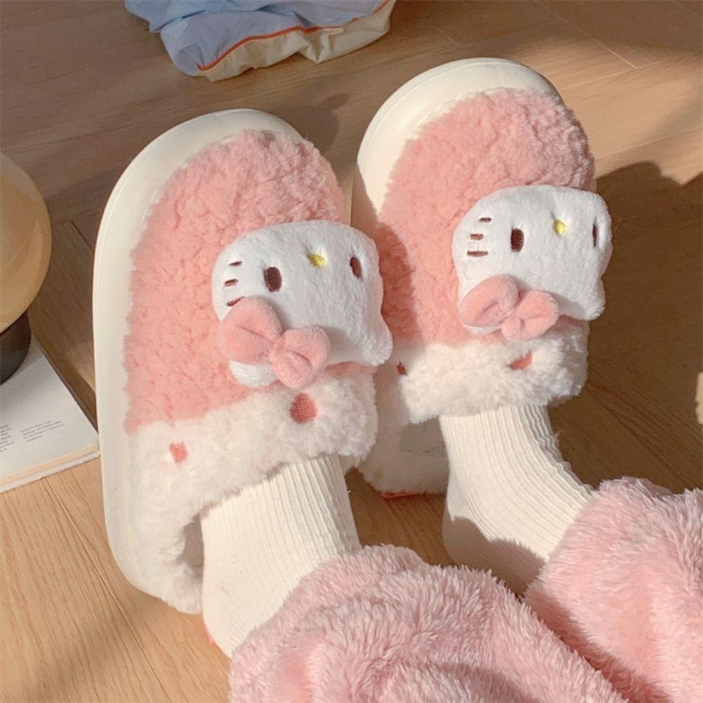 Trendyo รองเท้าแตะตุ๊กตาอะนิเมะ, รองเท้าแตะขนปุยฤดูหนาว Kuromi Kitty Cinnamoroll, น่ารักห้องนอนหอพักนักเรียนบ้านรองเท้าแตะรองเท้าหญิง