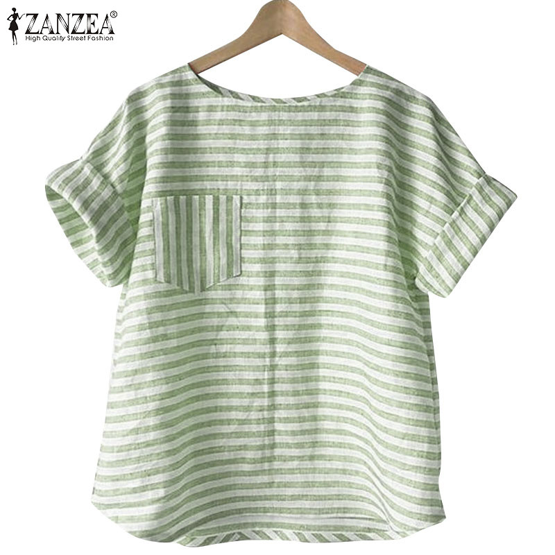Zanzea เสื้อเบลาส์แขนสั้นคอลูกเรือวินเทจสําหรับผู้หญิง