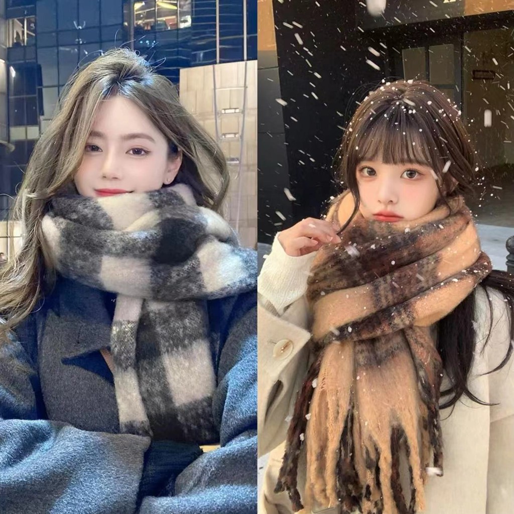 ผ้าพันคอลายสก๊อตขั้นสูงสําหรับฤดูหนาวของผู้หญิง2024เวอร์ชั่นเกาหลีใหม่อเนกประสงค์นักเรียนน่ารักคู่ผ้าพันคอหนาอบอุ่น