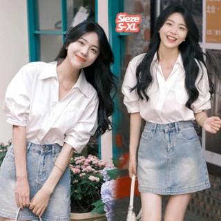 mimi&didi#เสื้อเชิ้ตแขนสั้น คอวี สีขาว ลำลอง สำหรับผู้หญิง เ…