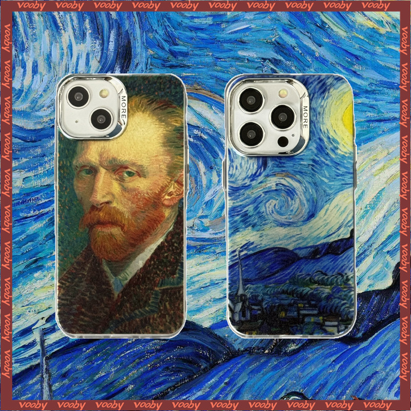 Vincent van Gogh Starry sky ภาพวาดสีน้ํามันป้าย Electroplated กรอบรูปเคสโทรศัพท์เหมาะสําหรับ IPhone16 16P 16PM 15 15P 15PM 14PM 14 14P 13 13P 13PM 12 12P 12PM 11 11P 11P 11PM XR 7