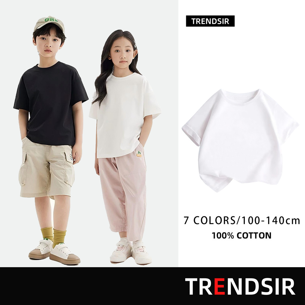 TrendSir พร้อมส่ง ชุดเด็กผู้หญิง พร้อมส่ง เสื้อยืดคอกลมเด็กผ้าฝ้าย ลายเสื้อเด็กสีเดียว 100%Cotton 7สี 100-140