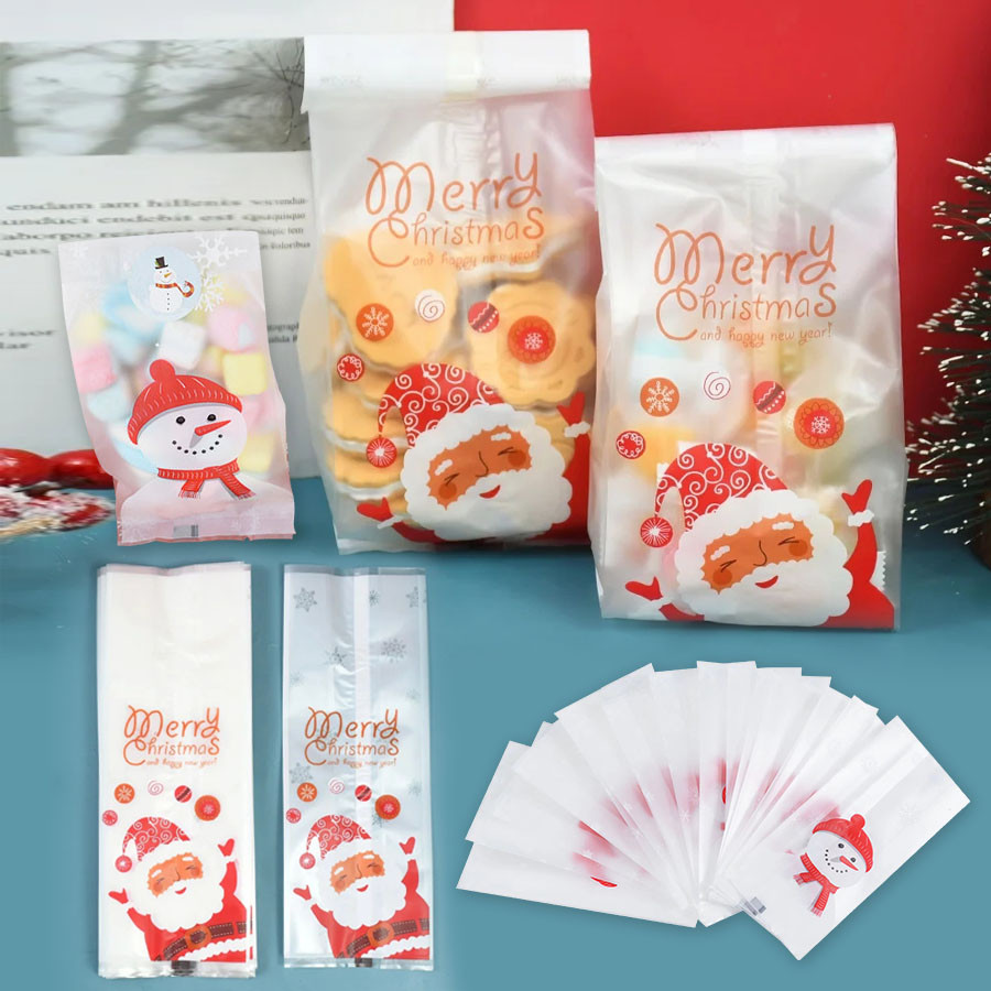 20/50 ชิ้น Merry Christmas ของขวัญ Snowman Santa Claus กระเป๋า Cellophane ผู้ถือเบเกอรี่คุกกี้บิสกิตขนมเครื่องประดับถุงบรรจุภัณฑ์พลาสติก