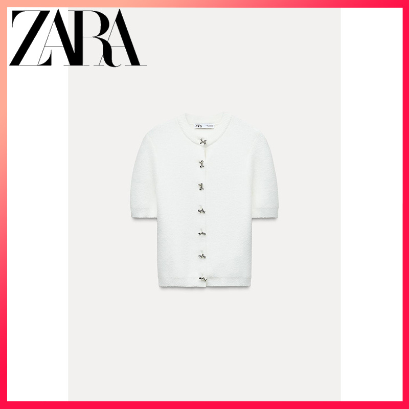 ZARA ซาร่า สินค้าใหม่เสื้อผ้าสตรีกุทัณฑ์ปุ่มรอบคอแขนสั้นแจ็คเก็ตถัก