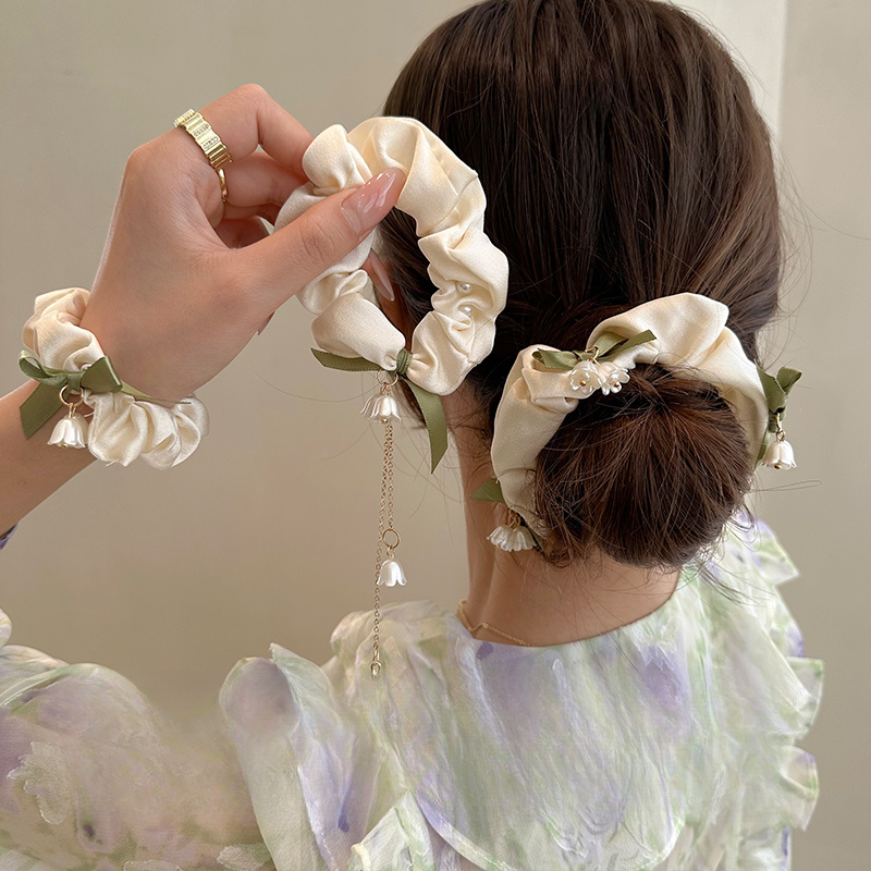 เกาหลี Sweet Lily Of The Valley โบว์ผมวงพู่ดอกไม้ขนาดใหญ่ลําไส้แหวน