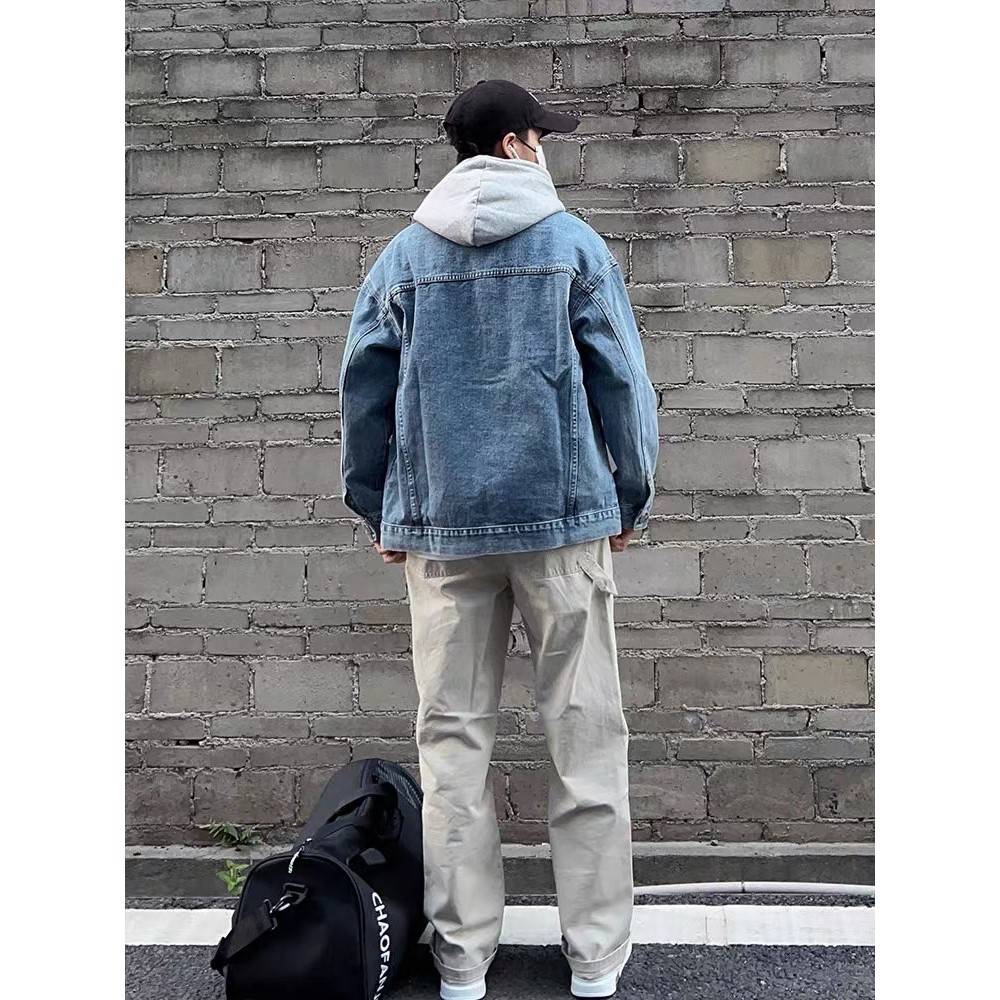 EERSHENSHI ผู้ชายวินเทจแจ็คเก็ตยีนส์ใหม่หลวมสบายๆสไตล์เกาหลีอเนกประสงค์แขนยาวเสื้อโปโลคอปก