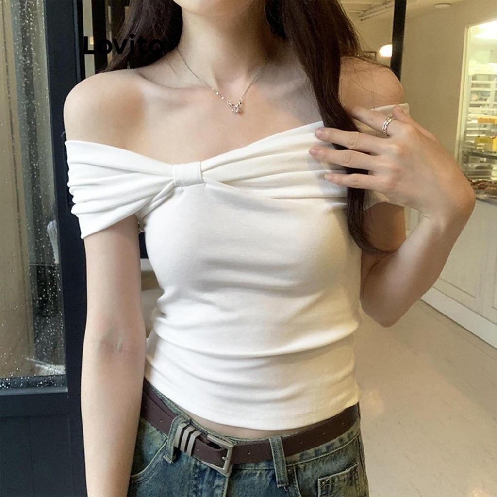 Lovito เสื้อยืดผู้หญิง เปิดไหล่ สีพื้น สไตล์ลำลอง LNA62096