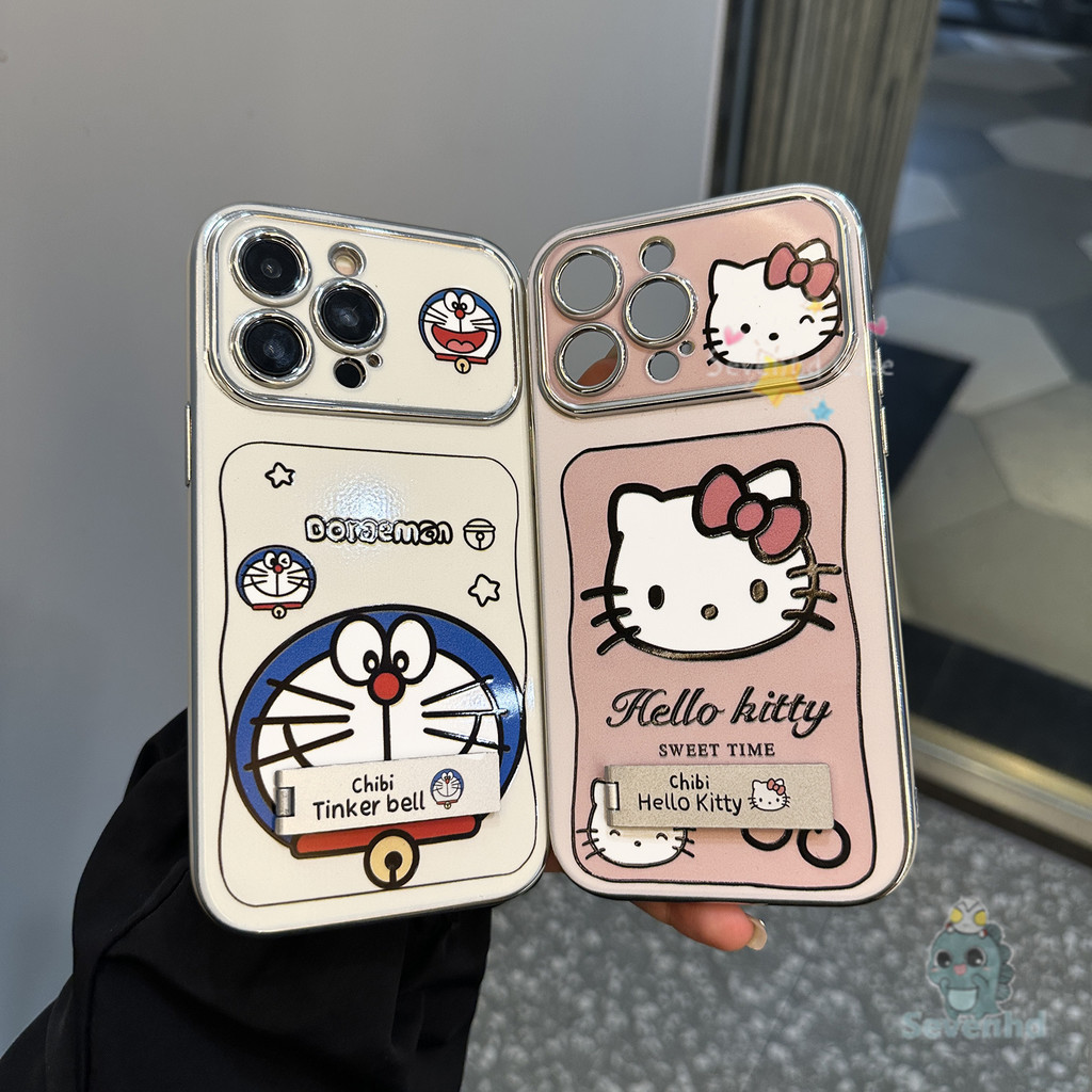 สําหรับ ไอโฟน 11 16 15 14 13 12 มือโปร X Xs สูงสุด 7 8 6 บวก Cute Kitty โดราเอมอนการ์ตูนคู่เคสโทรศัพท์ + พับผู้ถือหรูหราชุบคมชัดหน้าต่างกันกระแทกป้องกันปกหลัง