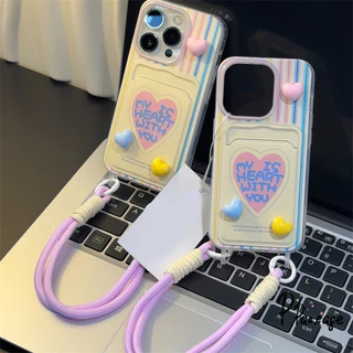 รูปหัวใจภาษาอังกฤษผีสีม่วงกระเป๋าสตางค์แบบมีสายคล้องเข้ากันได้เคสไอโฟน16 11 17 AIR 15 13 12 14 XR Pro Max 7 8 16 Plus SE