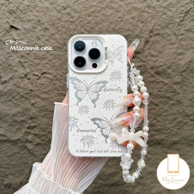 แฟนตาซีผีเสื้อพลุสีขาวสําหรับiphone 16 15 11 13 14 12 Pro Max 7Plus X XR XS Max 8 16 15 7 Plus SE 2020 แฟชั่นPearl Bowknotสร้อยข้อมือปก