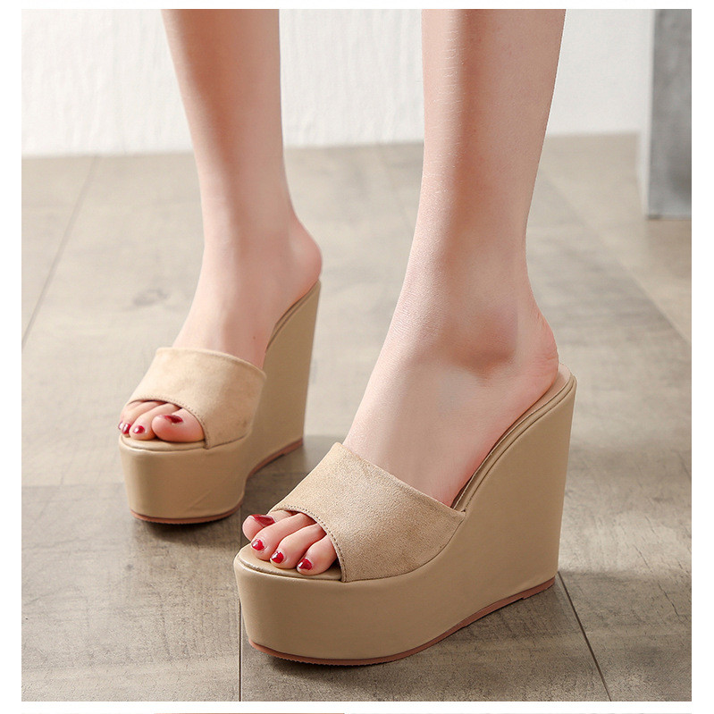 รองเท้าส้นเตารีดสูงพิเศษสำหรับผู้หญิงรองเท้าส้นลิ่มแบบสวมหัวปากปลายาง