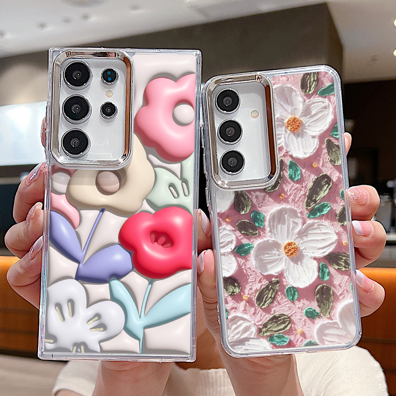 Samsung Galaxy S23 S24 PLUS S22 Ultra S21 FE A55 A34 5G บรรเทาภาพวาดสีน้ํามันดอกไม้สแควร์เคสโทรศัพท์