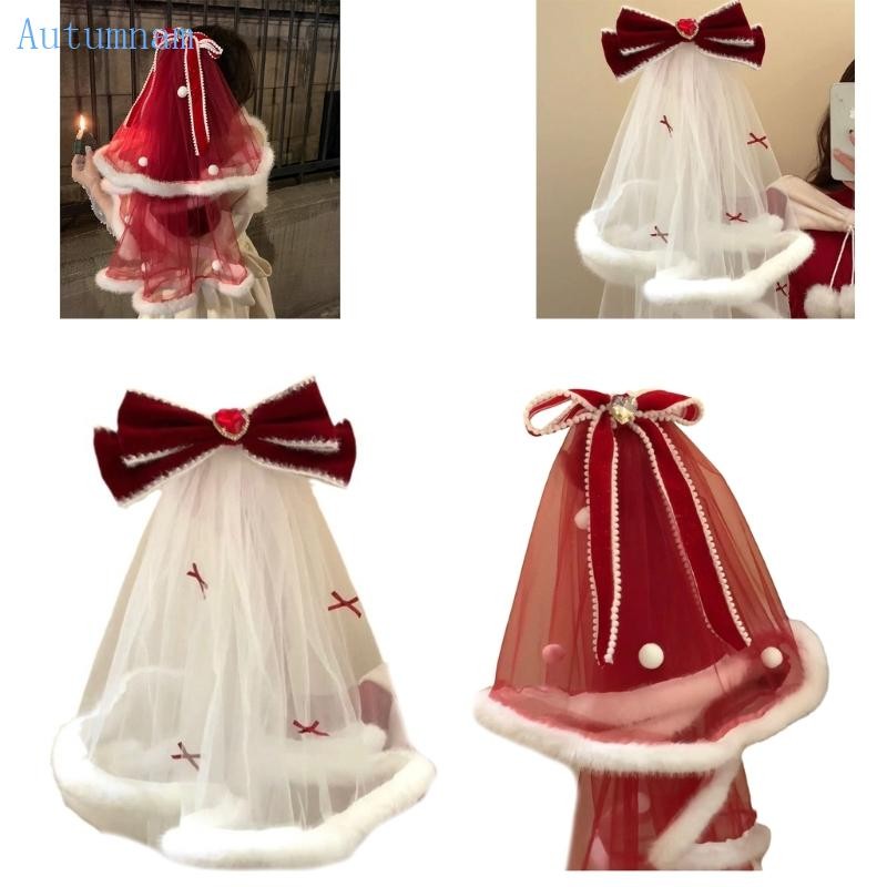 Autu ที่ละเอียดอ่อนเจ้าสาว Tulle พร้อม Plush Trim Bowknot ปีใหม่คริสต์มาสผ้าคลุมหน้าสีขาวถ่ายภาพงานแต่งงานเจ้าสาว