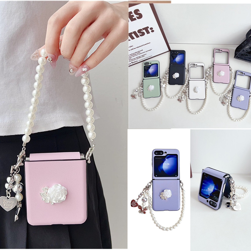 Luken Diy สร้อยข้อมือดอกไม้เกาหลีด้านข้างสร้อยข้อมือหนังสําหรับ Samsung Galaxy Z Flip6 กรณี Z Flip4 