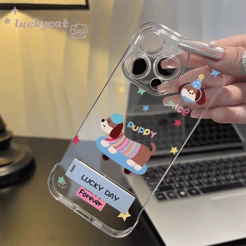 Iphone 16 15 14 13 12 11 Pro Max X Xr Xs Max 7 8 Plus SE2020 เคสโทรศัพท์การ์ตูนน่ารักสเก็ตบอร์ดสุนัข + ขาตั้งโลหะปกแข็ง