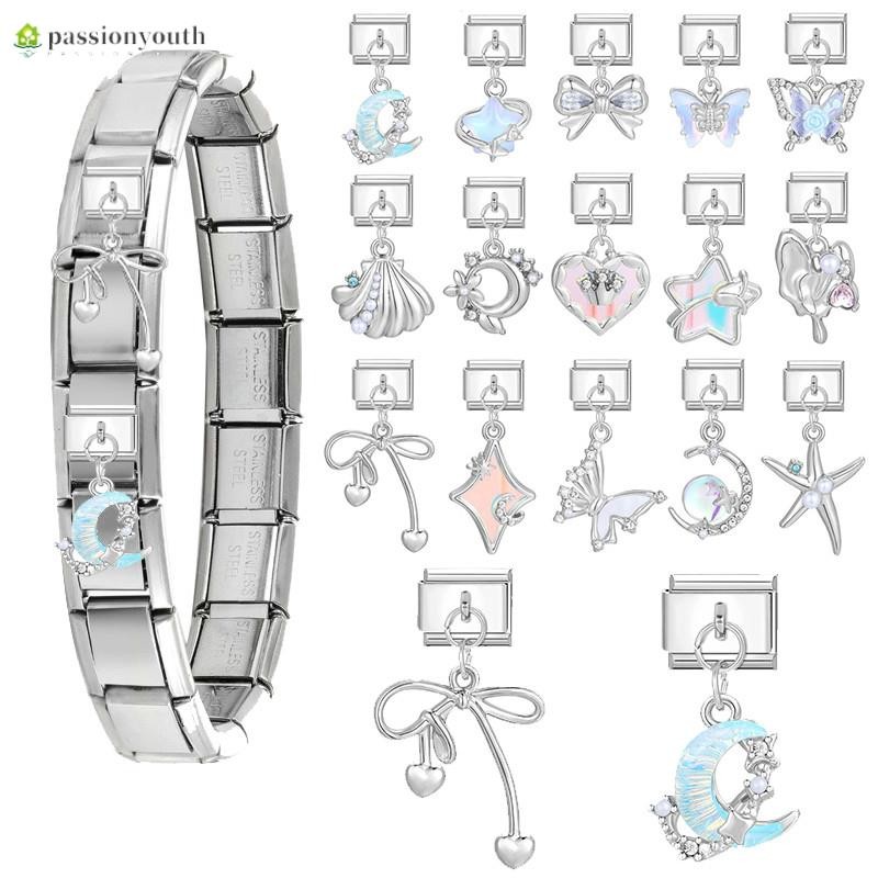 คริสตัลเงา Y2K สาวผีเสื้อ Moon Star Heart จี้อิตาเลี่ยน Charm Links Fit 9 มม.สร้อยข้อมือสแตนเลสเครื่องประดับ DIY ทํา