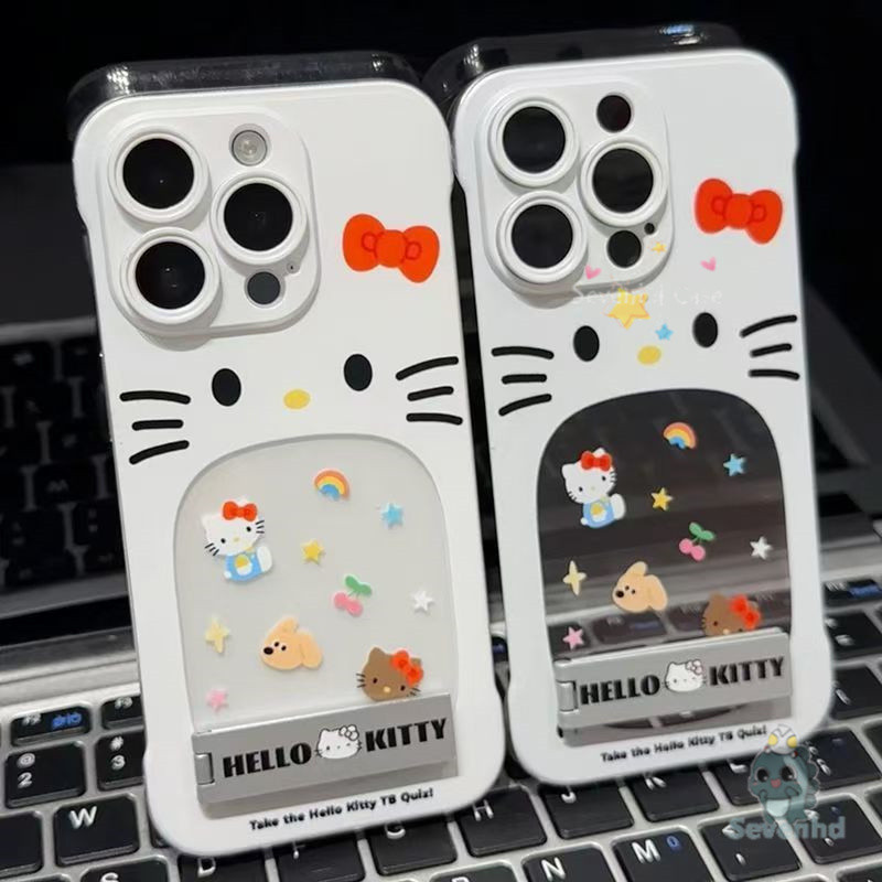 Sanrio Kitty คสโทรศัพท์สําหรับ iPhone 11 15 14 13 12 Pro Max Case + Fold Holder เน่ารักการ์ตูน เกาหลีขั้นสูงบางเฉียบสี่มุมBezel-lessโปร่งใสHD Soft Touchฝาครอบป้องกัน