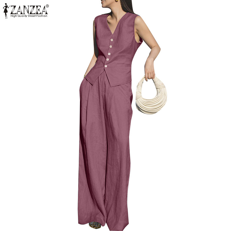 ZANZEA ใส่ ซานเซีย ผู้หญิงวินเทจคอวีแขนกุด ยืดหยุ่นได้ เข็มขัดกระเป๋ากางเกงขากว้างท็อปส์กางเกง