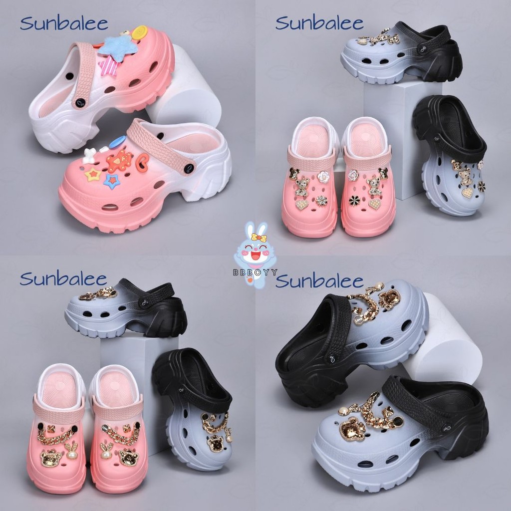 H-509-2T รองเท้าหัวโต รองเท้าแบบสวม แถมตัวติด ไล่สีทูโทน สีพาสเทล สูง 7 CM. สำหรับผู้หญิง วัสดุ EVA พร้อมส่ง