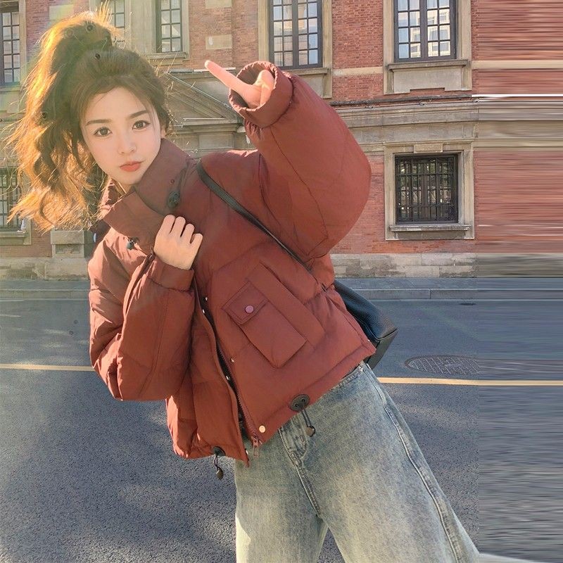 แจ็คเก็ตเบาะสั้นสีแดงผู้หญิงใหม่ฤดูหนาวหนาแจ็คเก็ต