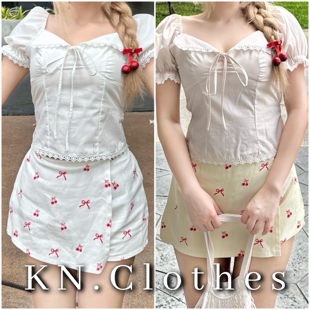 KN.Clothes กระโปรงสั้น ผ้ายีนส์ พิมพ์ลายเชอร์รี่โบว์ Nusa.Style