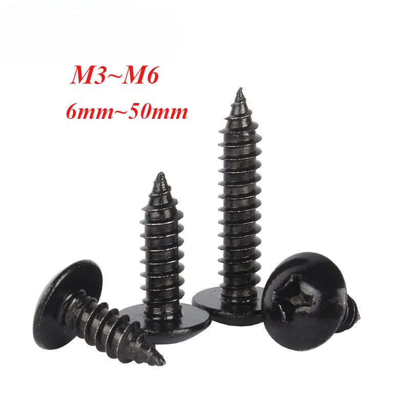 [FWM] หัวร่มหัวกลม Phillips สกรูแตะตัวเองสกรูไม้ M3M4-M6 สีดํา 304 สแตนเลสหัวแบนขนาดใหญ่ Self-Tapp