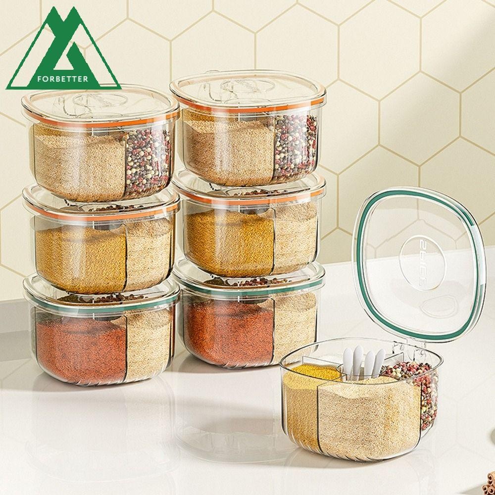 Forbetter กล่องเก็บเครื่องเทศ, กล่องปรุงรส 4 ช่องสี่เหลี่ยมกันความชื้น, ทนทานพร้อมฝาปิดขวดใส่เครื่องปรุงพลาสติกปิดผนึกสําหรับบ้าน