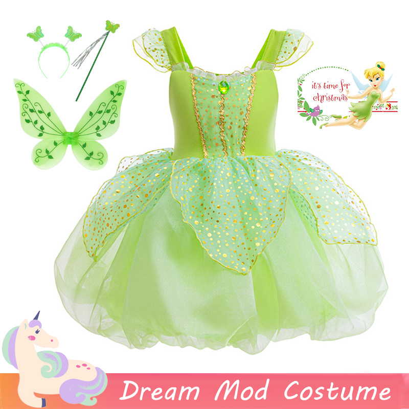 Tinkerbell ชุดสีเขียวสําหรับเด็กสาวเจ้าหญิงชุดสําหรับสาวฮาโลวีนคอสเพลย์เครื่องแต่งกายคริสต์มาส Peter