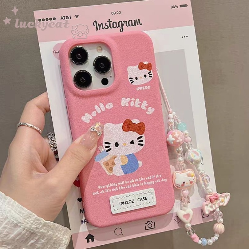 Iphone 16 15 14 13 12 11 Pro Max X Xr Xs Max 7 8 Plus SE2020 เคสโทรศัพท์การ์ตูนน่ารักดื่มนมชา KT Cat + Lanyard Soft ฝาหลัง