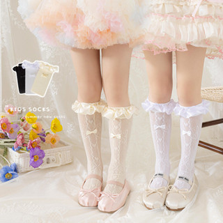 ถุงเท้าลูกไม้เด็กโลลิต้าโบว์ถุงเท้ากลางลูกวัวริบบิ้นกลวงเกาห…