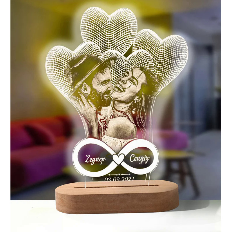 Personalized Photo 3D Lamp Engrave Wooden Base Custom Text  Bedroom Night Light Wedding Anniversary 