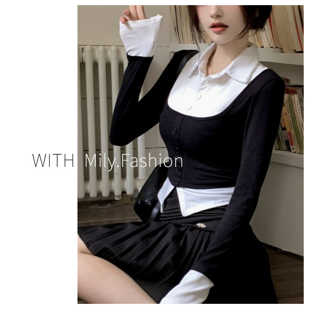 Milyfashion เสื้อสองชิ้นปลอมคอโปโลสไตล์วิทยาลัยแบบใหม่ฤดูใบไม้ร่วงเสื้อยืดแขนยาวใส่แล้วดูผอมเพรียวปกปิดหน้าท้อง
