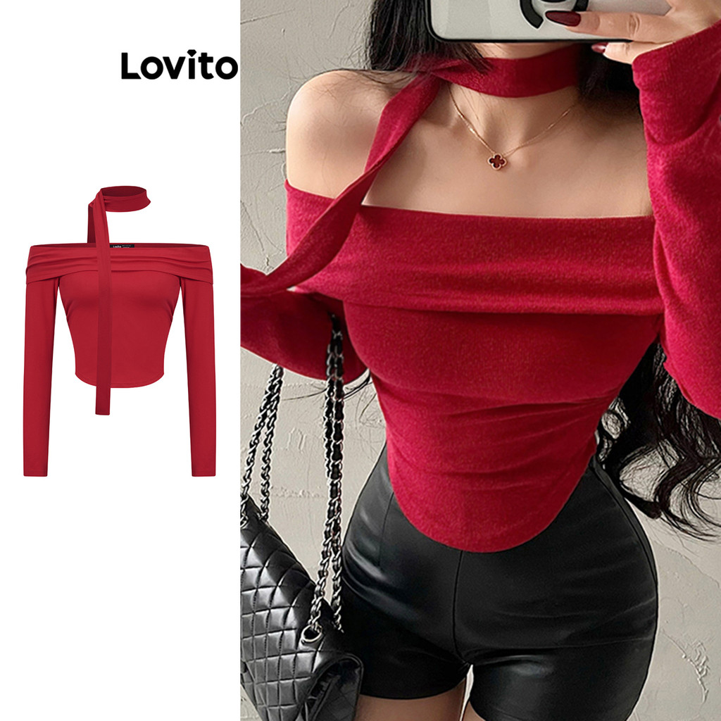 Lovito เสื้อยืดอัดจีบสำหรับผู้หญิง L106AD003