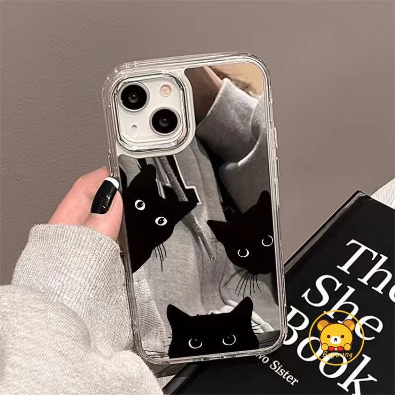 น่ารักการ์ตูนแมวดํากระจกเคสโทรศัพท์สําหรับoppo Reno 13F 12 11 10 9 8 A96 A94 A93 A1 F19 Pro 8Z 7Z 8T 6Z 5Z 5F 5K 4F 4F 4 Find X7 Ultra X3 Liteปลอกกันกระแทกตลก ฝาครอบ
