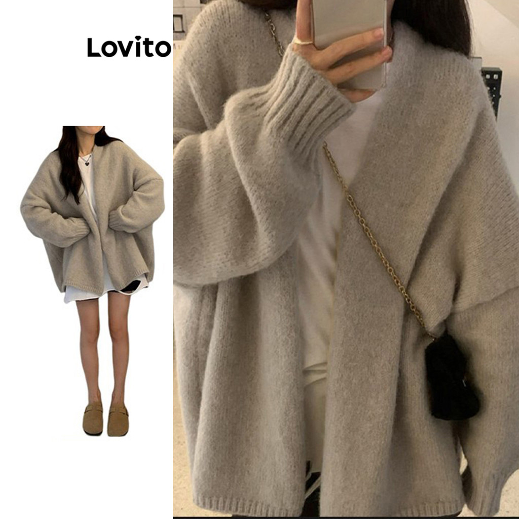 Lovito เสื้อคาร์ดิแกนผู้หญิง เบสิก สีพื้น สไตล์ลำลอง LNE27050 (สีเทา)