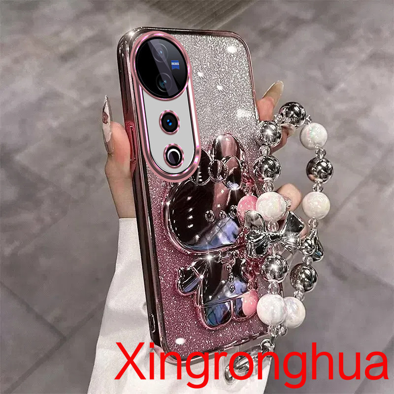 เคสโทรศัพท์สําหรับvivo V40 5G V40Pro 5G V30 Pro V30E 5G V29 5G V29E V27 V27EหรูหราElectroplatingกระต่ายน่ารักแต่งหน้าMirrorโปร่งใสGlitterเคสโทรศัพท์พร้อมสร้อยข้อมือเชือกเส้นเล็ก