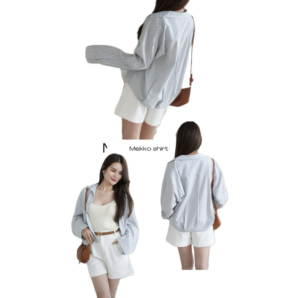 MEKKO SHIRT เสื้อเชิ๊ตลายริ้ว ดีไซน์หลังทุยดีงาม ผ้าลินินญี่ปุ่น