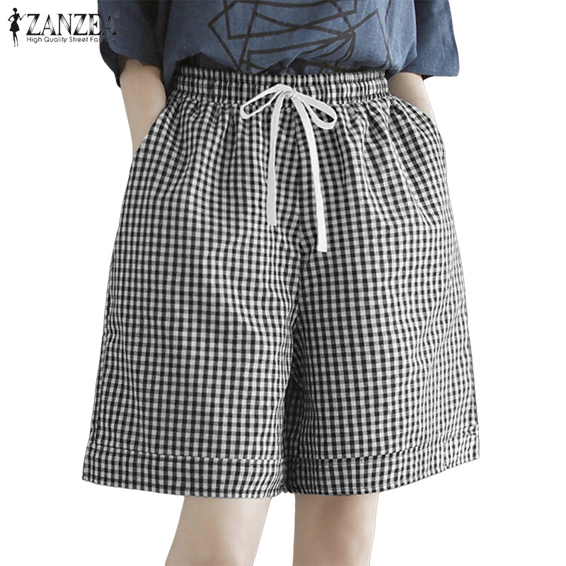 ZANZEA กางเกงขาสั้นขากว้างลายหมากรุก สไตล์เรโทรเกาหลีสำหรับผู้หญิง