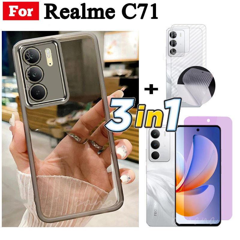 3 in 1 Realme C71 C73 C75 C75X TPU ซิลิโคนอ่อนนุ่มฝาครอบโทรศัพท์โปร่งใสพร้อมฟิล์มป้องกันกล้องฝาหลัง 
