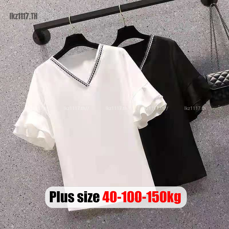 Plus Size✅เสื้อยืดผู้หญิงสาวอวบ ไซส์ใหญ่ เสื้อยืดโอเวอร์ไซส์ แขนสั้น ทรงหลวม คอวี ฤดูร้อน เกาหลี แฟชั่น พลัสไซส์ สาวอวบอ้วน
