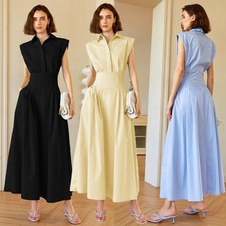 French Style Waist Shirt Dress Women's Sleeveless Solid Tunic Long Dress Party A-line Dress -99092