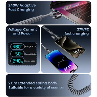 Elough 240W สังกะสีอัลลอยด์ 4 In 1 Digital Spring Fast สายชาร์จ USB A/Type C Charger Wire 2M รองรับ CarPlay Carlife