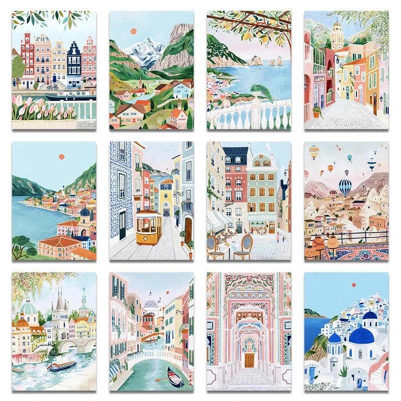 Santorini Lisbon ผ้าใบ Wall Art พิมพ์โปสเตอร์ Lake Como Central Park ตกแต่งภาพวาด Travel Mural Home 