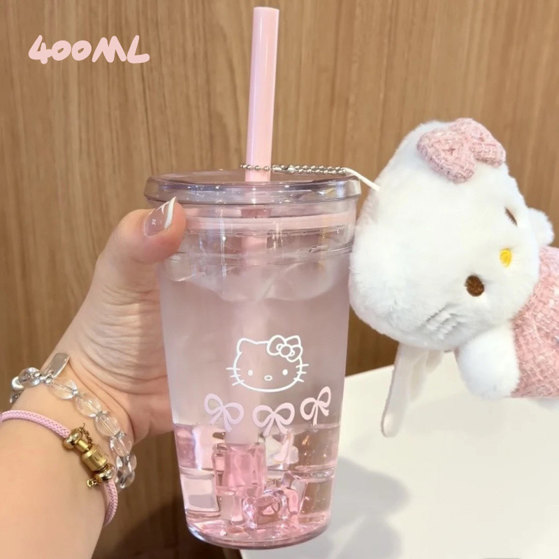 ขายร้อนสไตล์ใหม่สีชมพูคิตตี้ฟางถ้วยน้ําการ์ตูน ทําเอง สาวน่ารักความจุขนาดใหญ่ 400มล ถ้วยน้ํามูลค่าสูงใสนักเรียนเครื่องดื่มเย็นถ้วยชานม