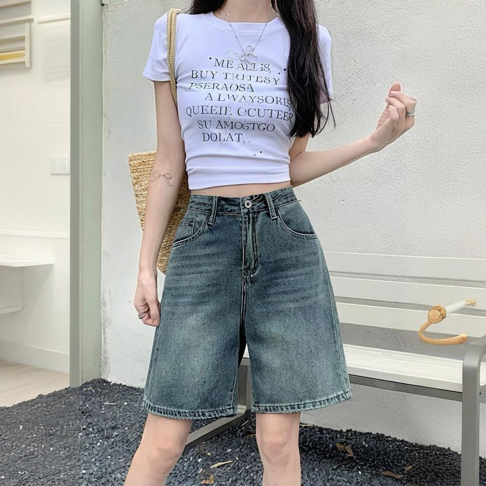 S-7XL 2 สี กางเกงยีนส์ขาสั้น ทรงขากว้าง เอวสูง ทรงตรง กางเกงขายาวสไตล์ย้อนยุค 5 แต้ม