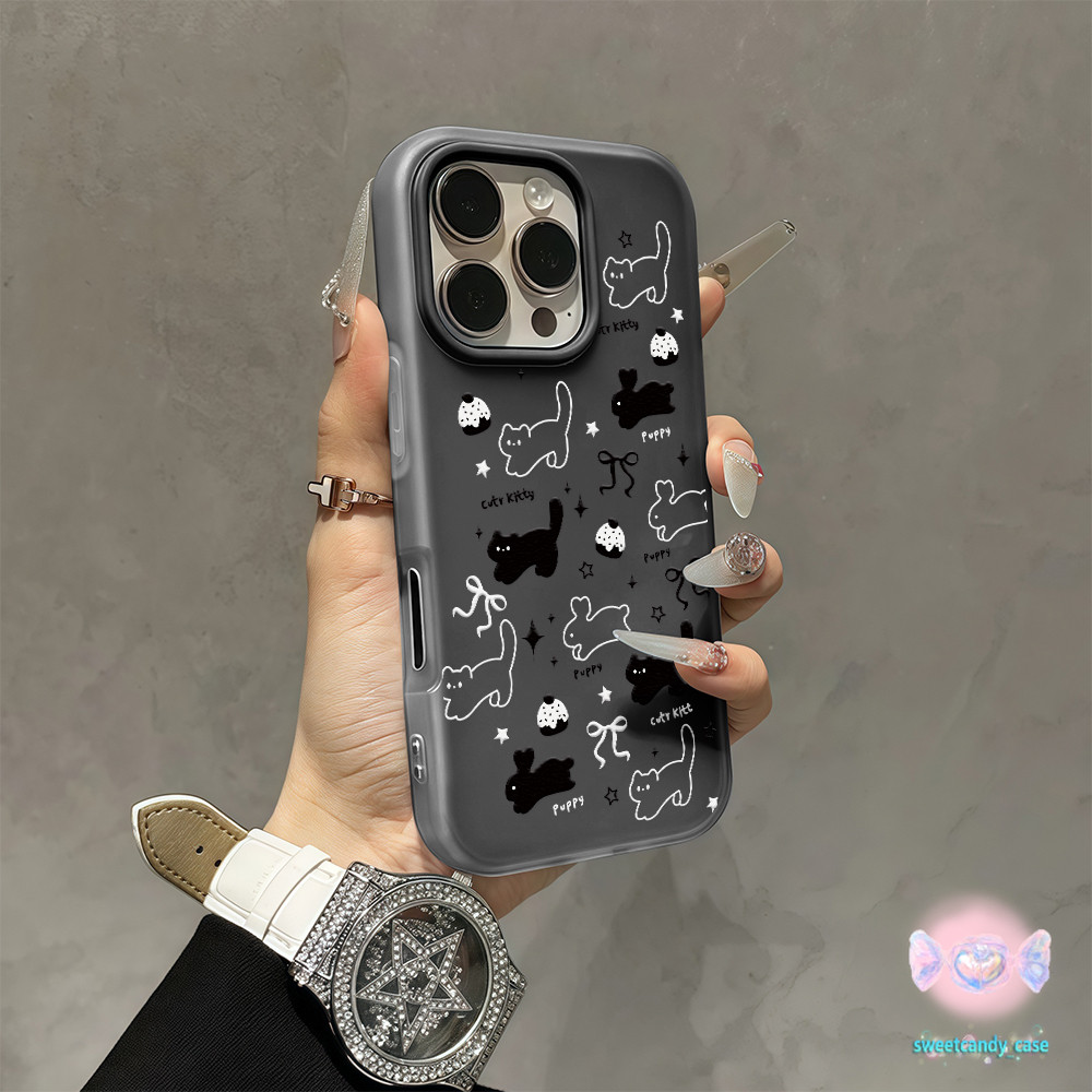 🎀จัดส่งในพื้นที่🎀 เคสเยลลี่โปร่งใสสองในหนึ่ง ลูกแมวดำและกระต่าย สำหรับIPhone16 15 13  11 7 8plus Pro Promax X XR XSXSMAX