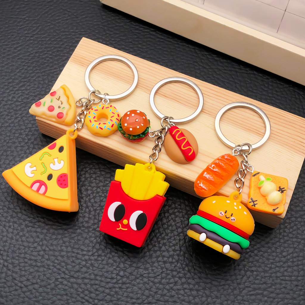 น่ารักแฮมเบอร์เกอร์ Fries พิซซ่ารูปพวงกุญแจสร้างสรรค์จําลองอาหาร Key แหวนนักเรียนกระเป๋าเป้สะพายหลัง Ornemtns ของเล่น