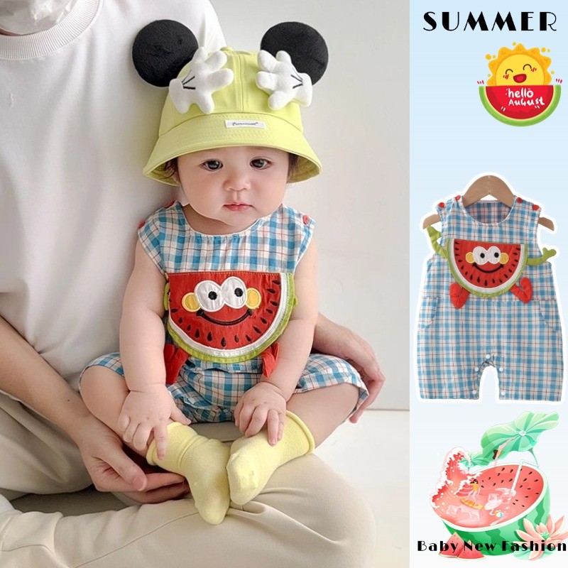ฤดูร้อนใหม่เสื้อผ้าเด็กชายและหญิงแขนกุดบางบอดี้สูท0-24เดือนเด็กผิวสบายแฟชั่นการ์ตูนแตงโม ชุดรอมเปอร์ สไตล์เกาหลี