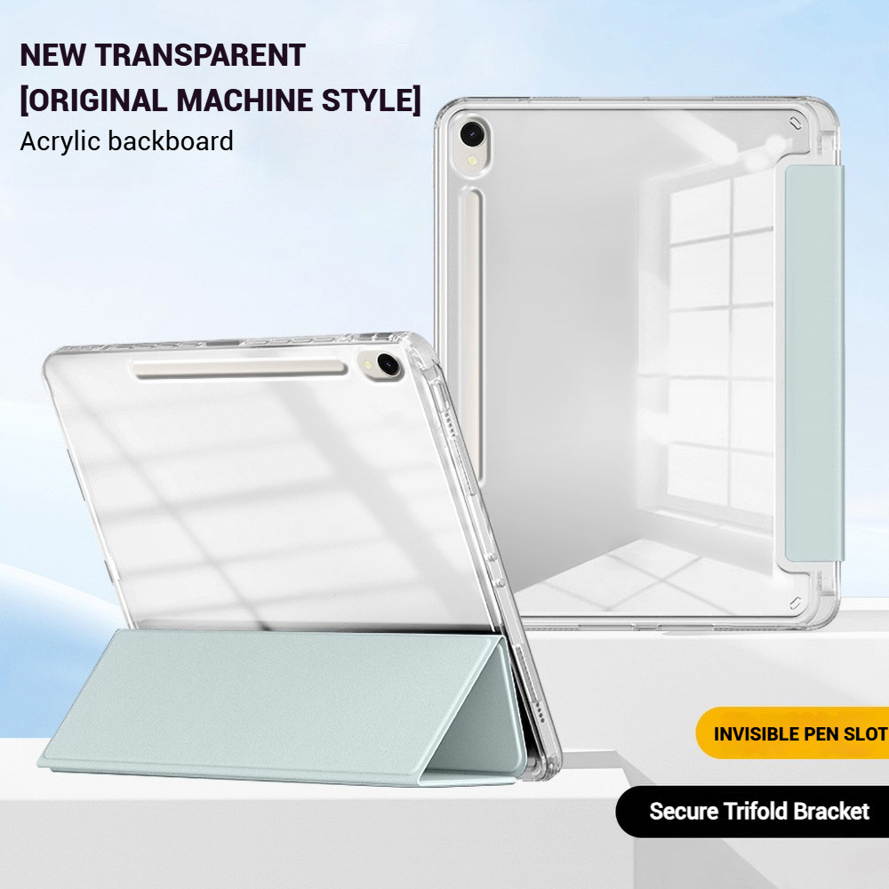 หลังใสเคสสำหรับซัมซุงSamsung Tab S9 S7 S10 FE A9 S9 FE S7 S10 S8 Plus A8 S6 Lite เคสแท็บเล็ตแบบพับสามทบ 11นิ้ว 12.4นิ้ว