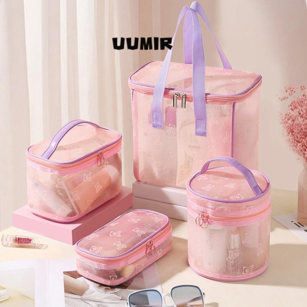 UUMIR กระเป๋าเครื่องสําอางตาข่าย, กระเป๋าอุปกรณ์อาบน้ําผ้ากอซสีเบจสีชมพู, กระเป๋าแต่งหน้าหมีการ์ตูนความจุขนาดใหญ่แบบพกพาเดินทางกลางแจ้ง
